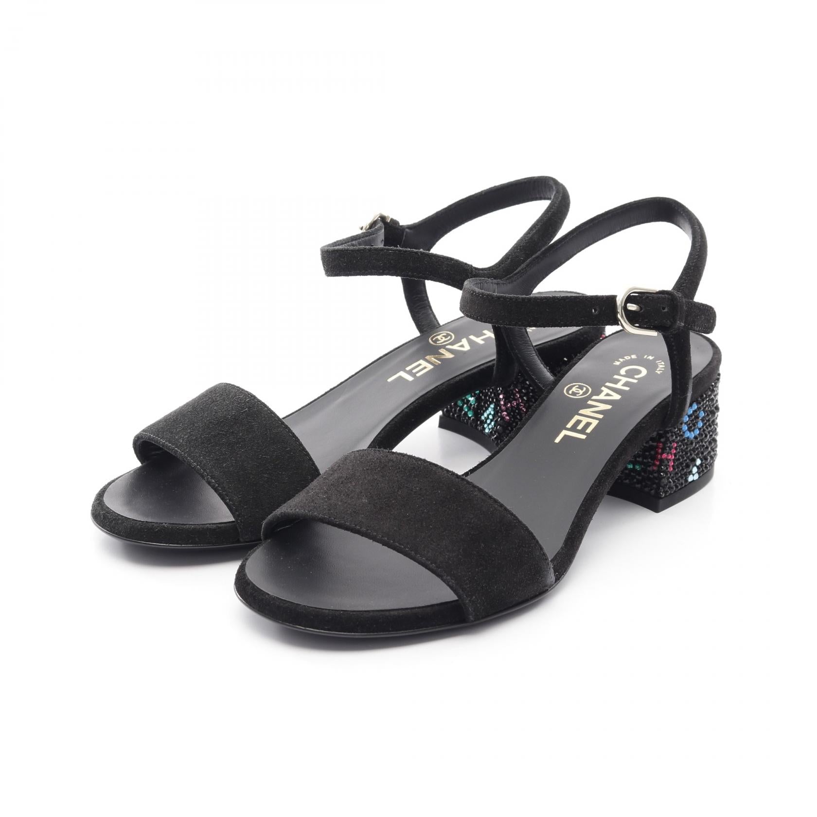 Chanel Rhinestone Logo Suede Sandals