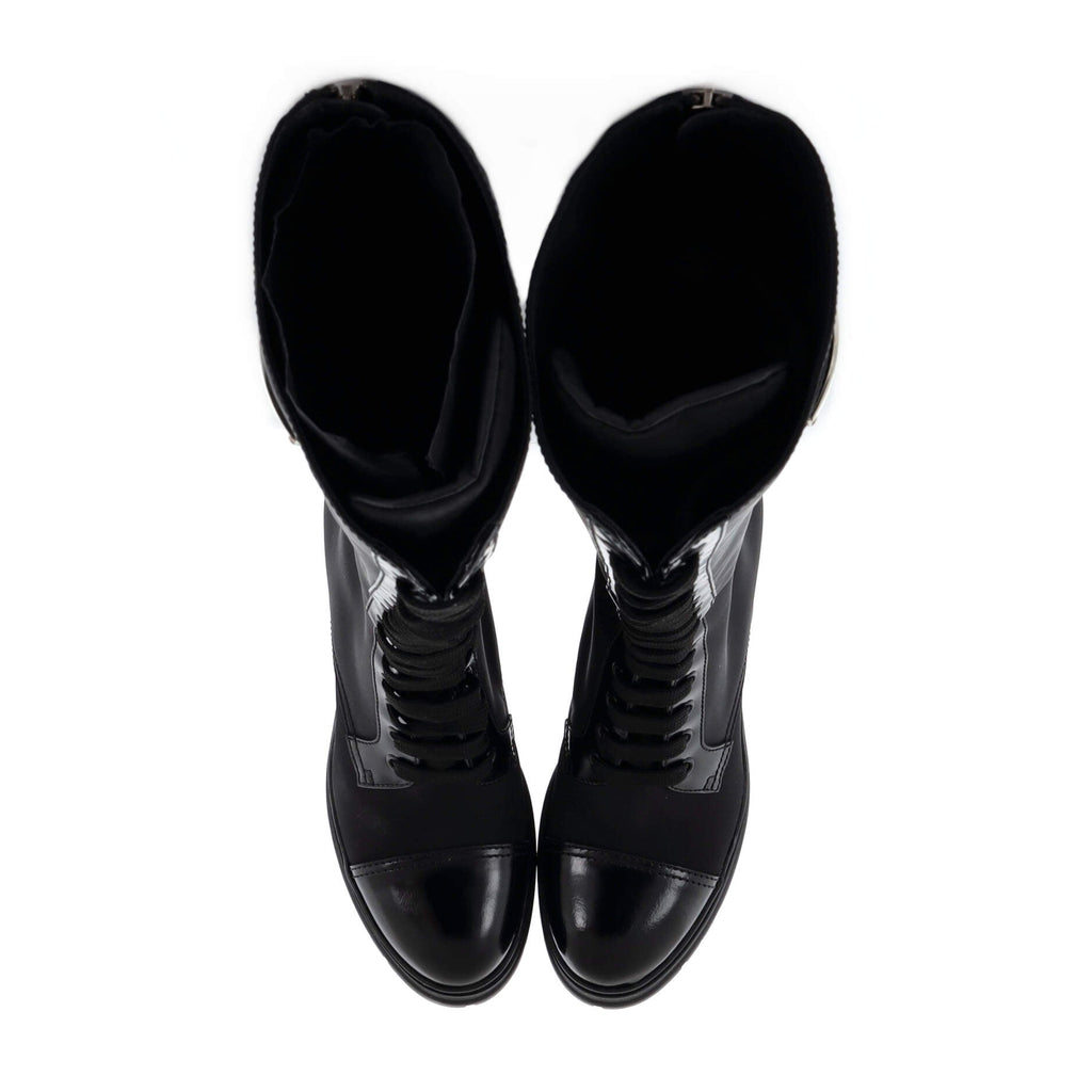 Women's Lace Up Combat Knee Boots Nylon with Leather