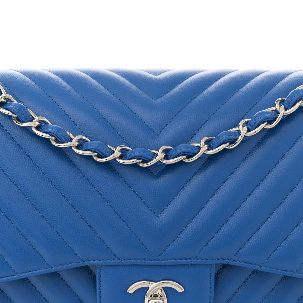 Caviar Chevron Quilted Jumbo Double Flap Blue