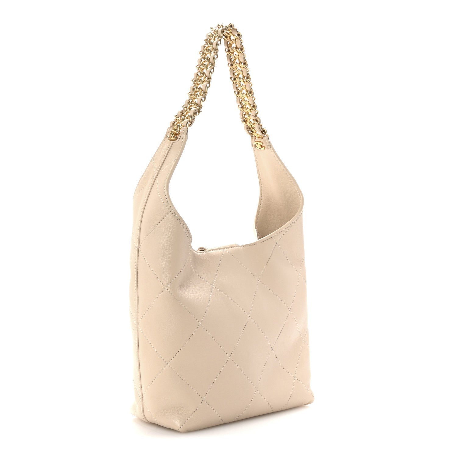 Shiny Lambskin Quilted Small Hobo Beige