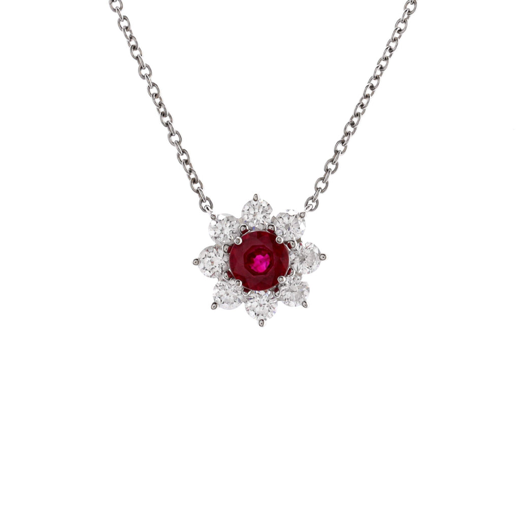 Sunflower Petite Pendant Necklace Platinum with Ruby and Diamonds