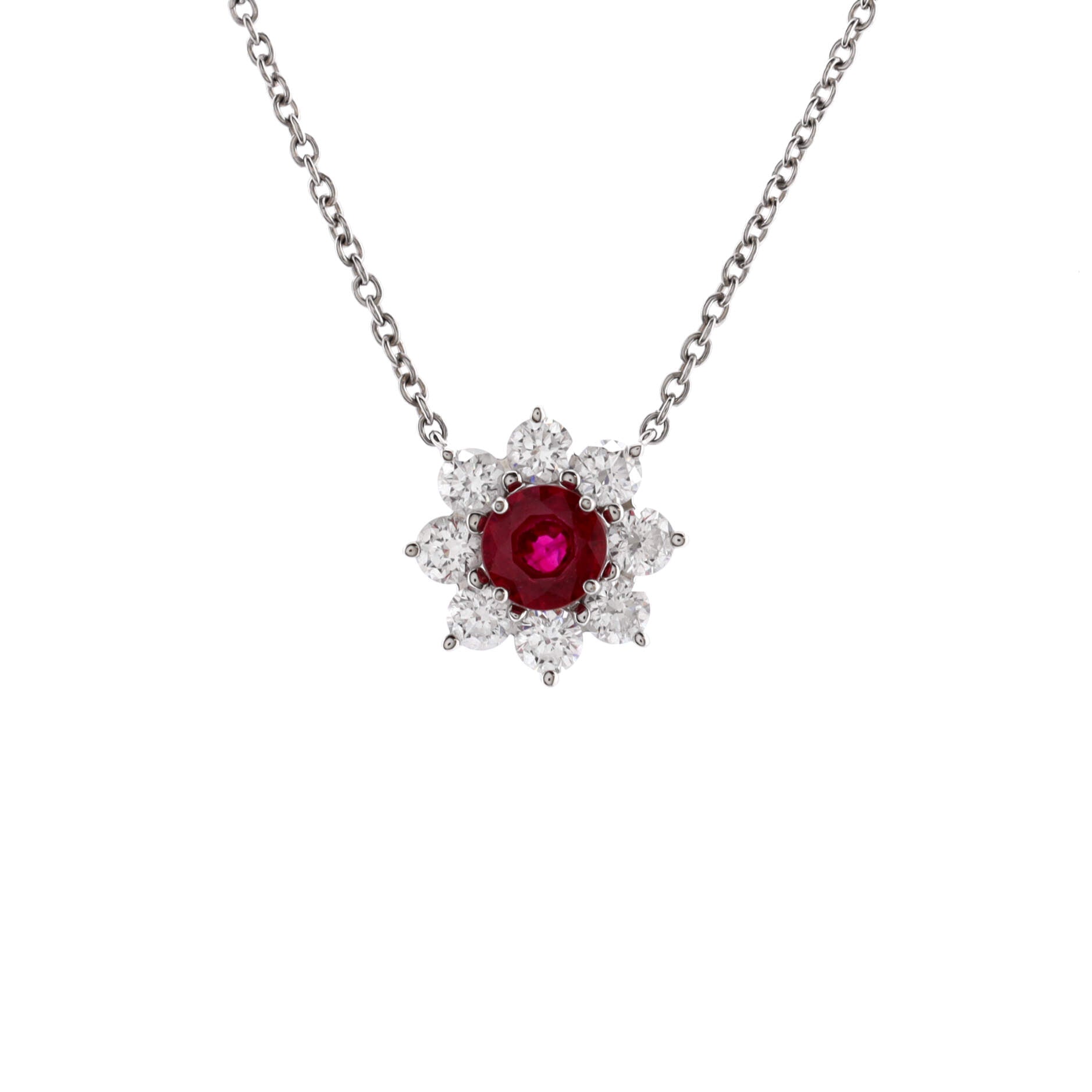 Sunflower Petite Pendant Necklace Platinum with Ruby and Diamonds