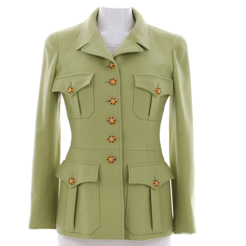 Women's Vintage Four Pocket Collared Jacket Wool with Cabochon Buttons