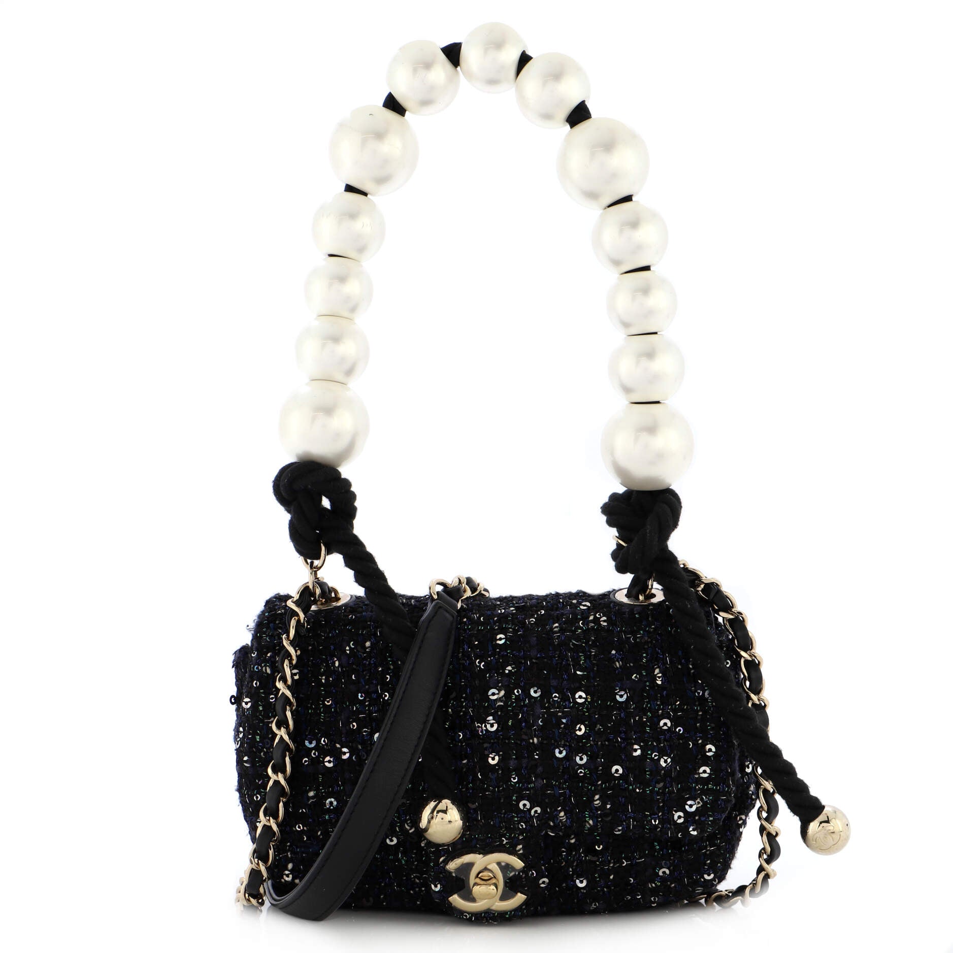 Pearl Handle Flap Bag Quilted Tweed Mini