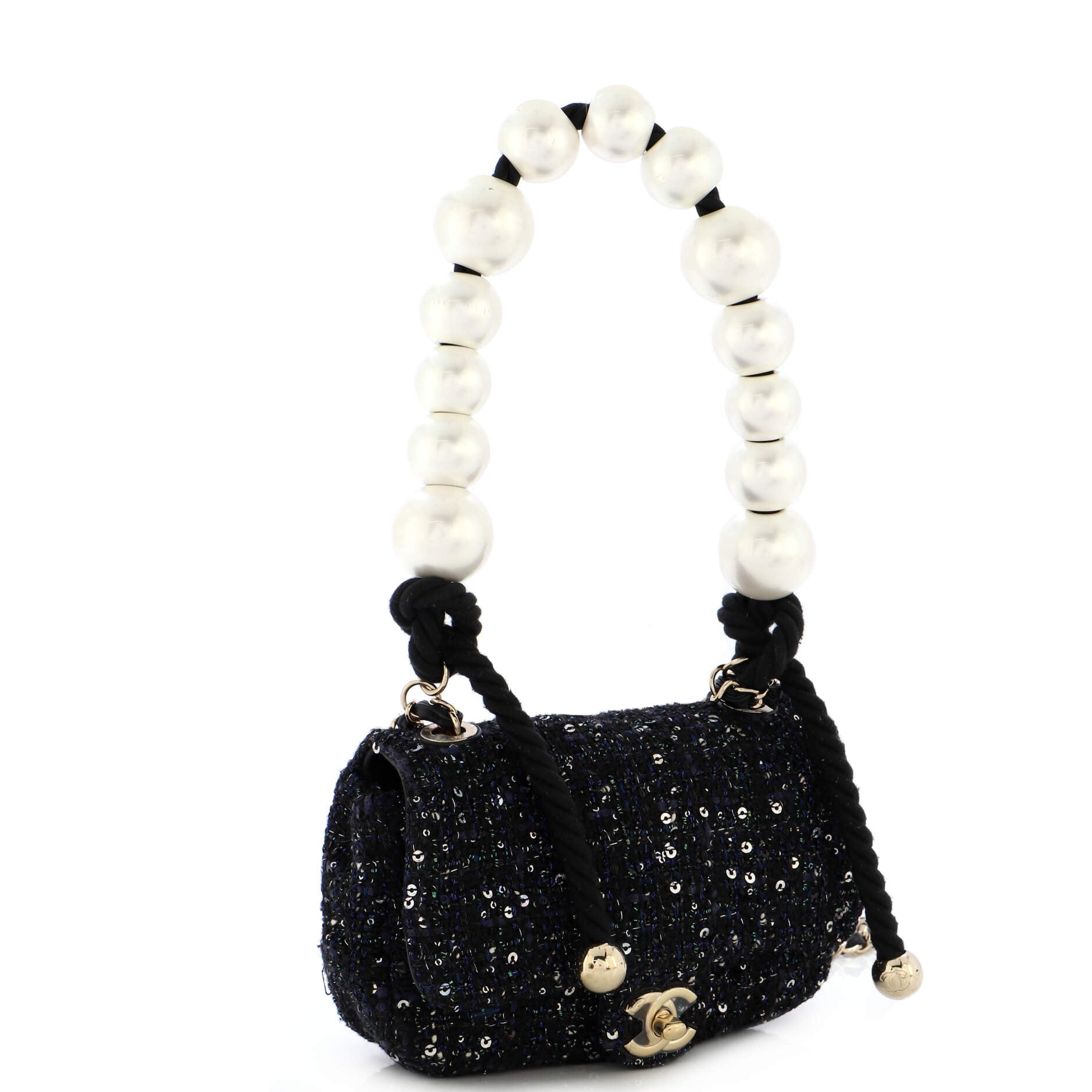 Pearl Handle Flap Bag Quilted Tweed Mini