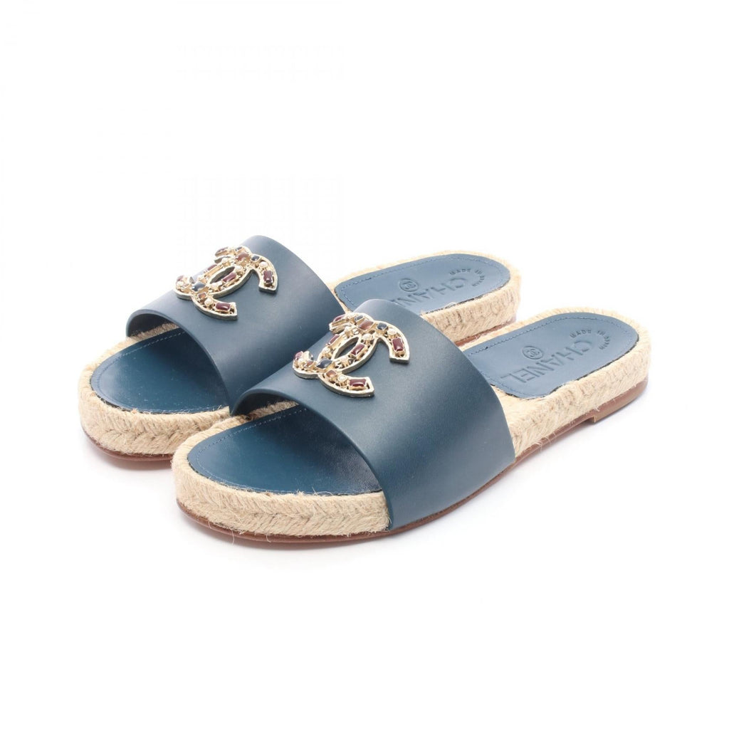 Chanel Coco Mark Leather Raffia Sandals