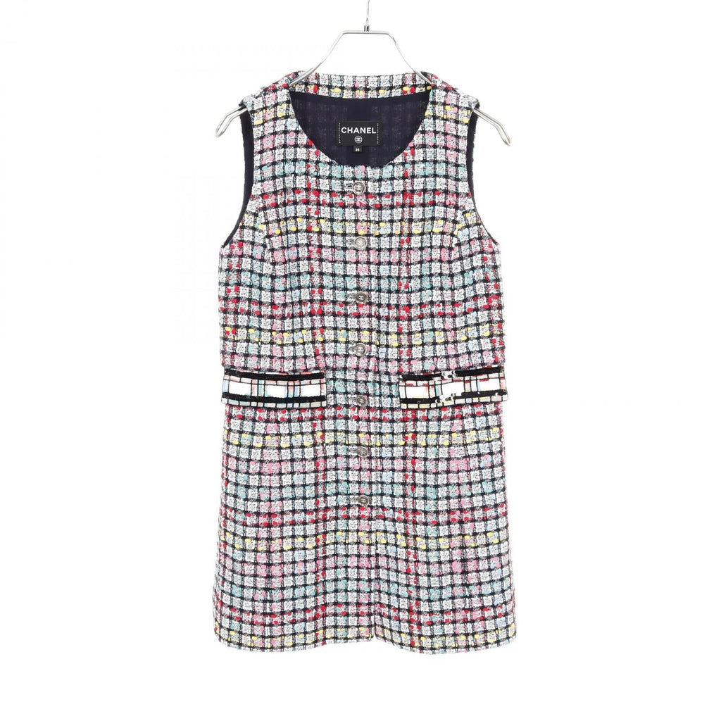 Chanel Coco Mark Button Tweed Cotton Nylon Long Gilet