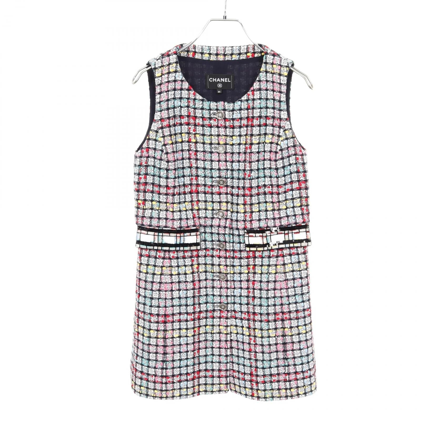 Chanel Coco Mark Button Tweed Cotton Nylon Long Gilet