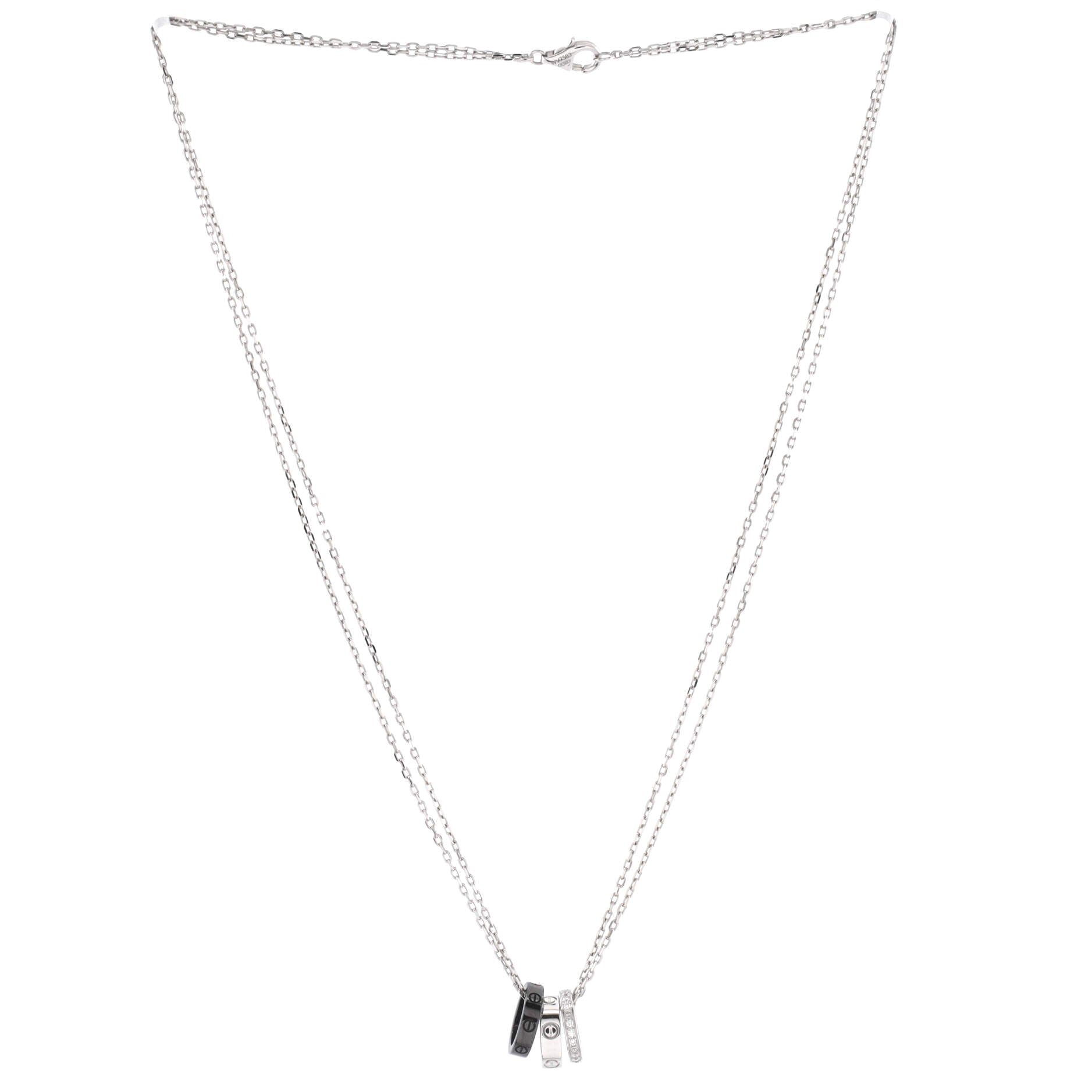 Love 3 Ring Pendant Necklace 18K White Gold and Ceramic with Diamonds