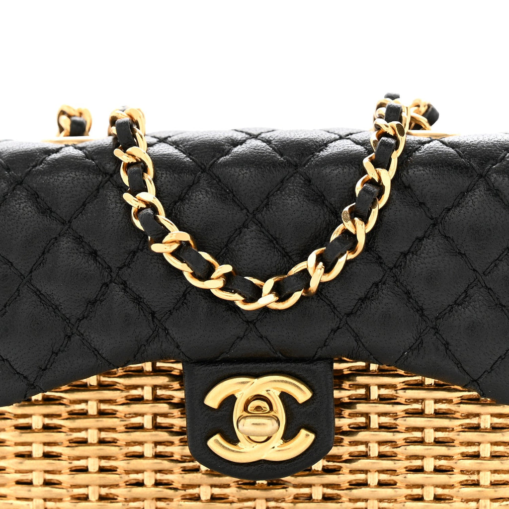 Woven Metal Lambskin Quilted Micro Flap Black Gold