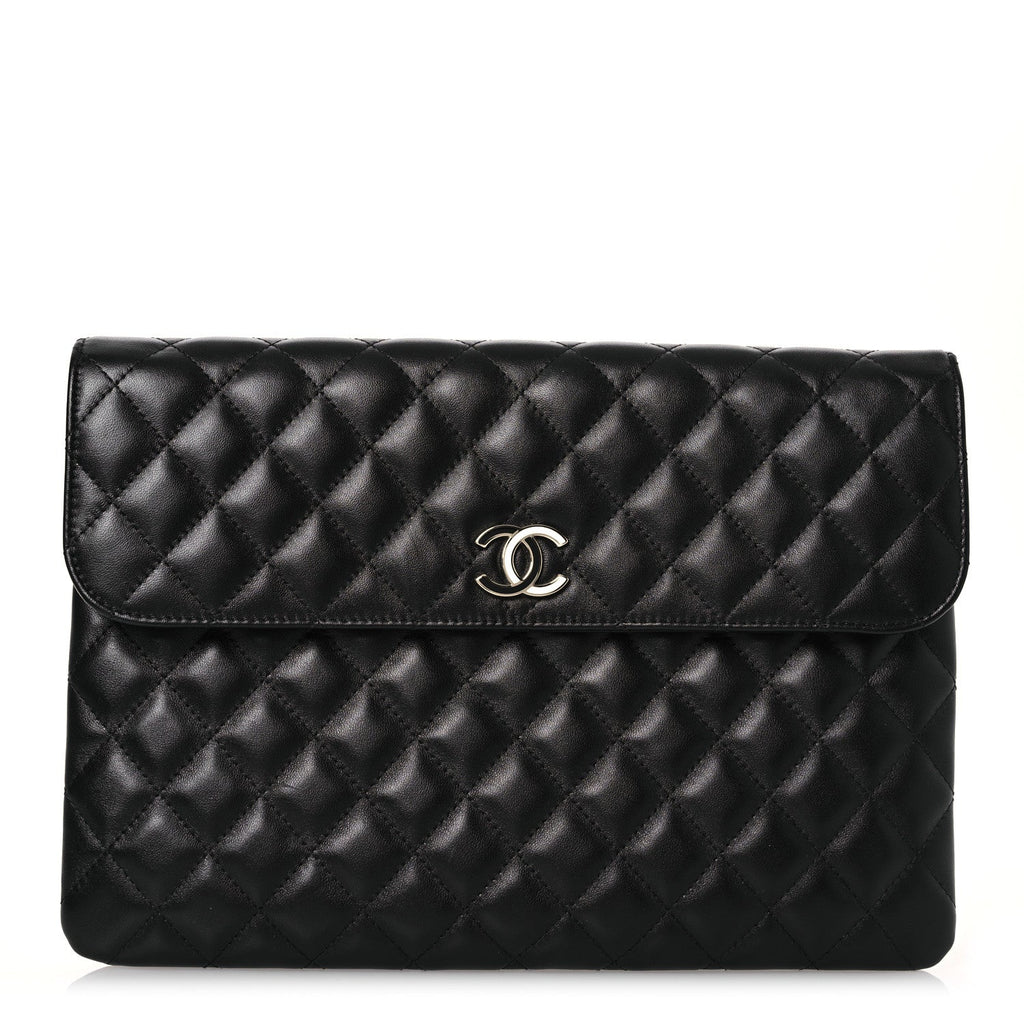 Lambskin Enamel Quilted Document Portfolio Holder Black