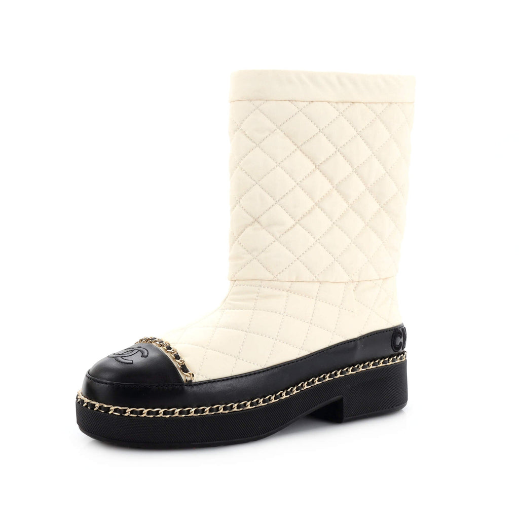 Women's Chain Around Cap Toe CC Mid-Calf Boots Quilted Nylon with Leather