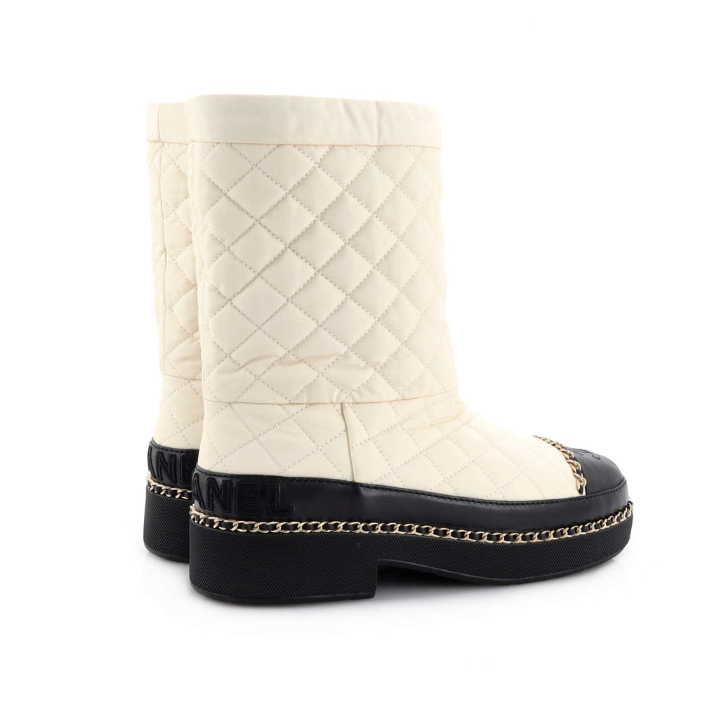 Women's Chain Around Cap Toe CC Mid-Calf Boots Quilted Nylon with Leather
