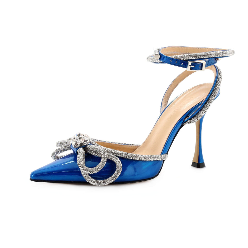 Women's Double Bow Ankle Strap Pumps Iridescent Leather 110
