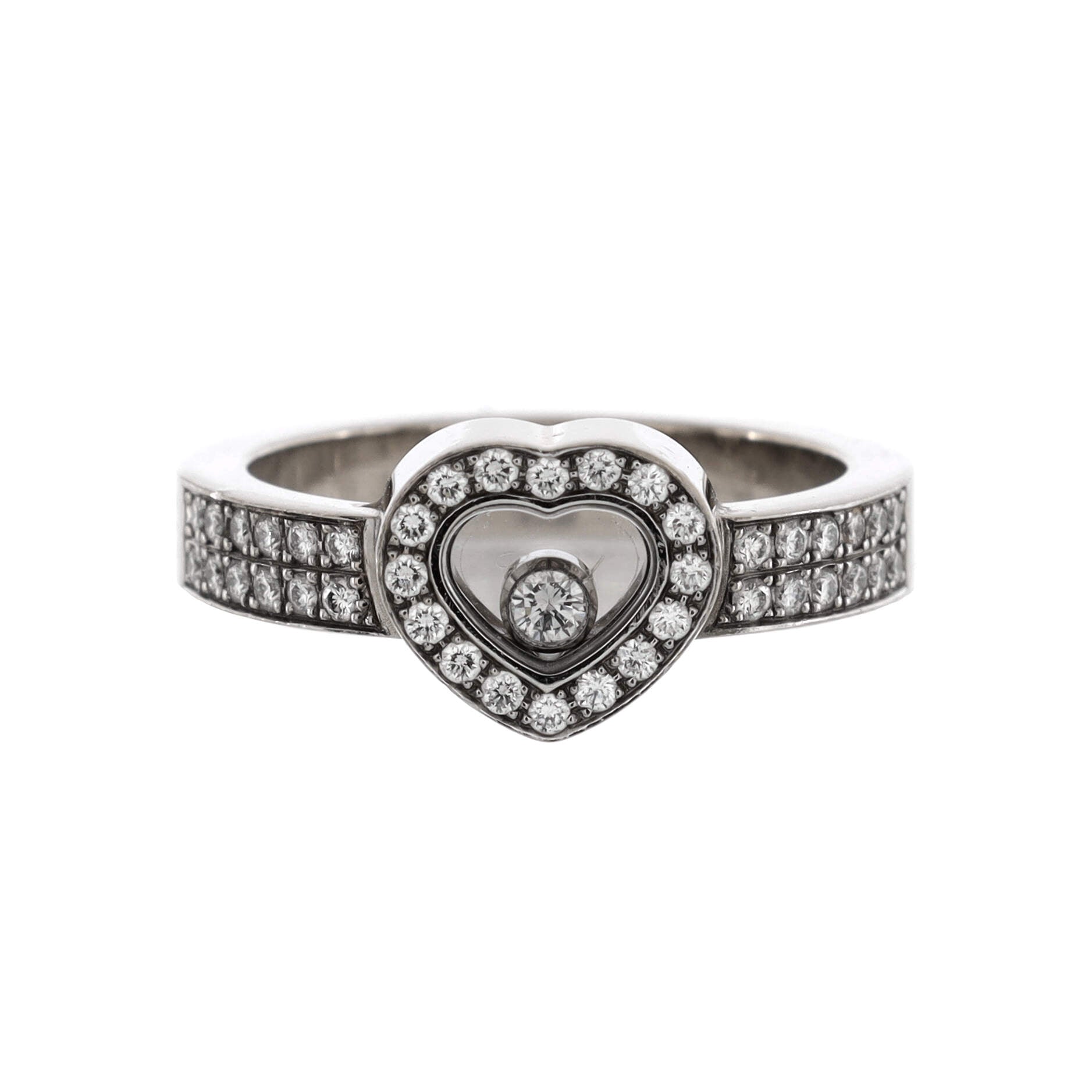 Happy Diamonds 1 Diamond Heart Band Ring 18K White Gold with 2 Row Pave Diamonds and 1 Floating Diamond