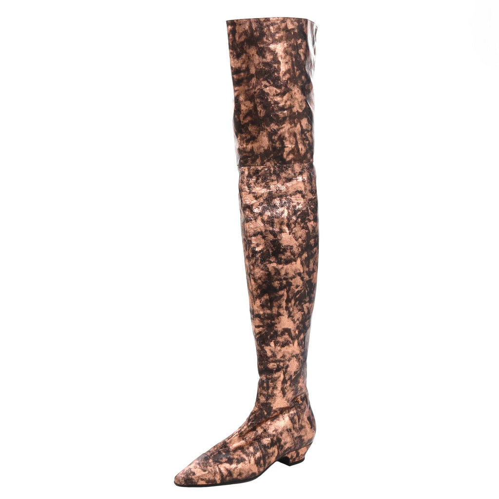 Women's Cap Toe Thigh High Boots Metallic Laminated Goatskin