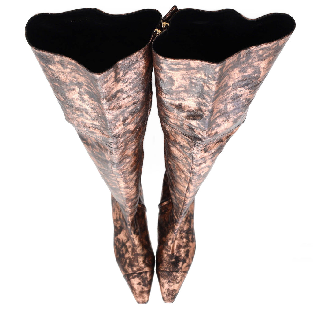 Women's Cap Toe Thigh High Boots Metallic Laminated Goatskin