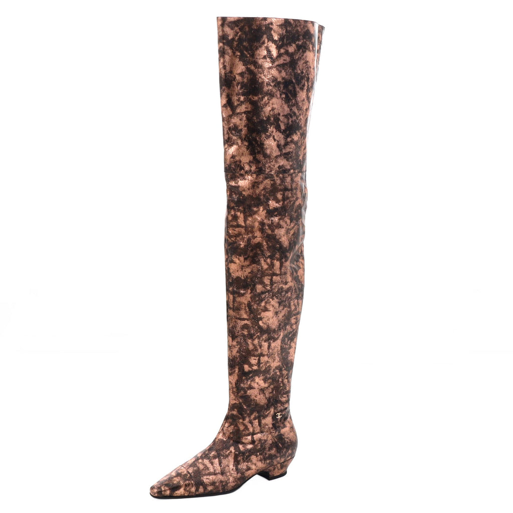 Women's Cap Toe Thigh High Boots Metallic Laminated Goatskin