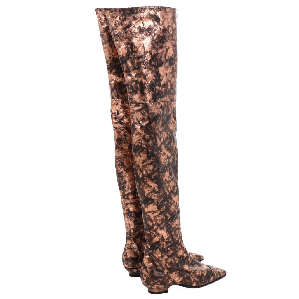 Women's Cap Toe Thigh High Boots Metallic Laminated Goatskin