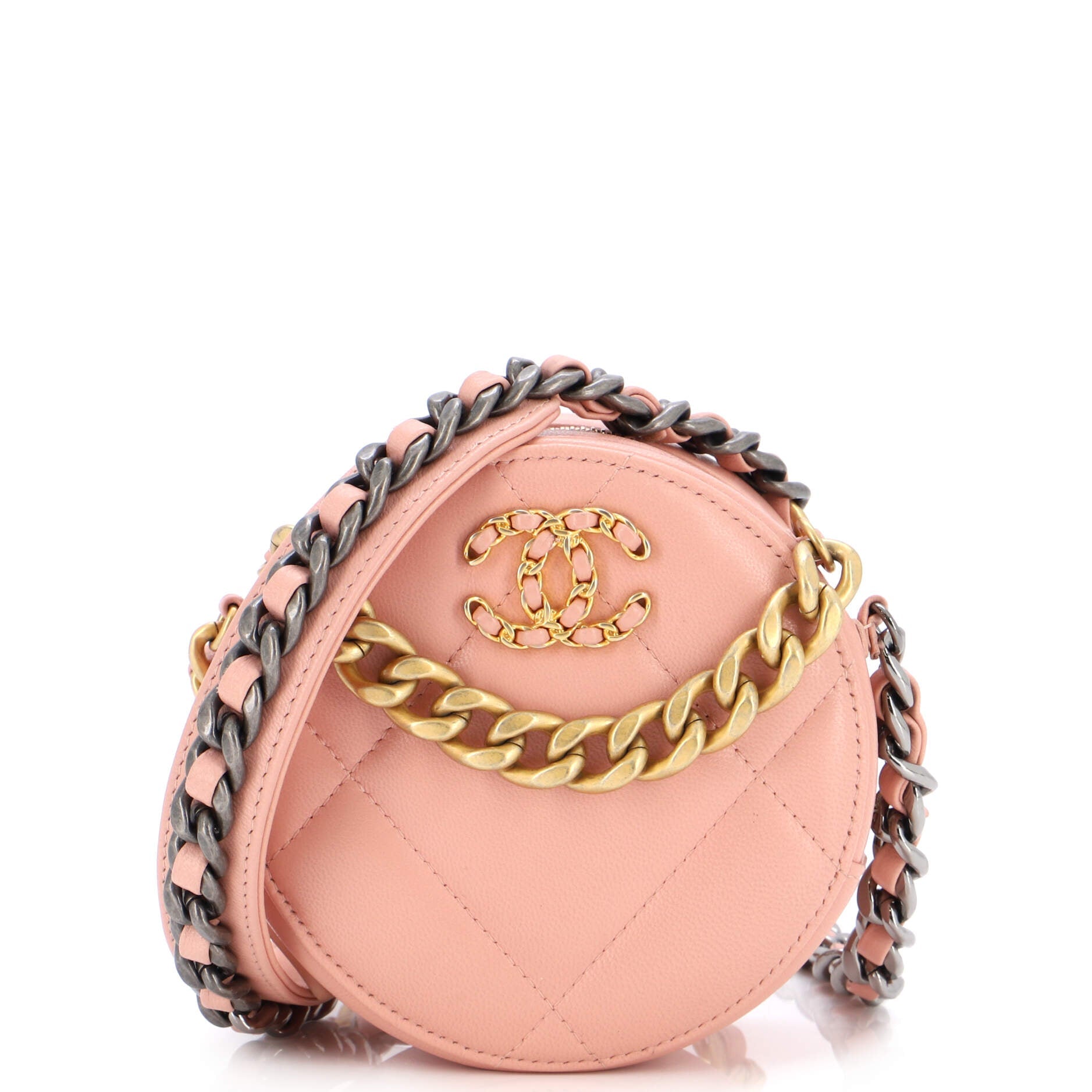 19 Round Clutch with Chain Quilted Leather