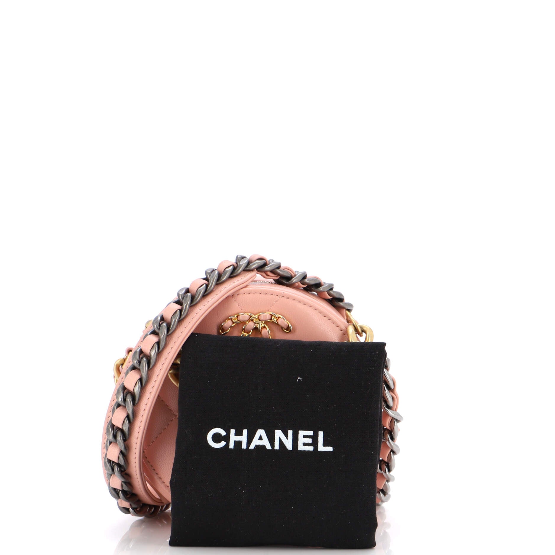 19 Round Clutch with Chain Quilted Leather