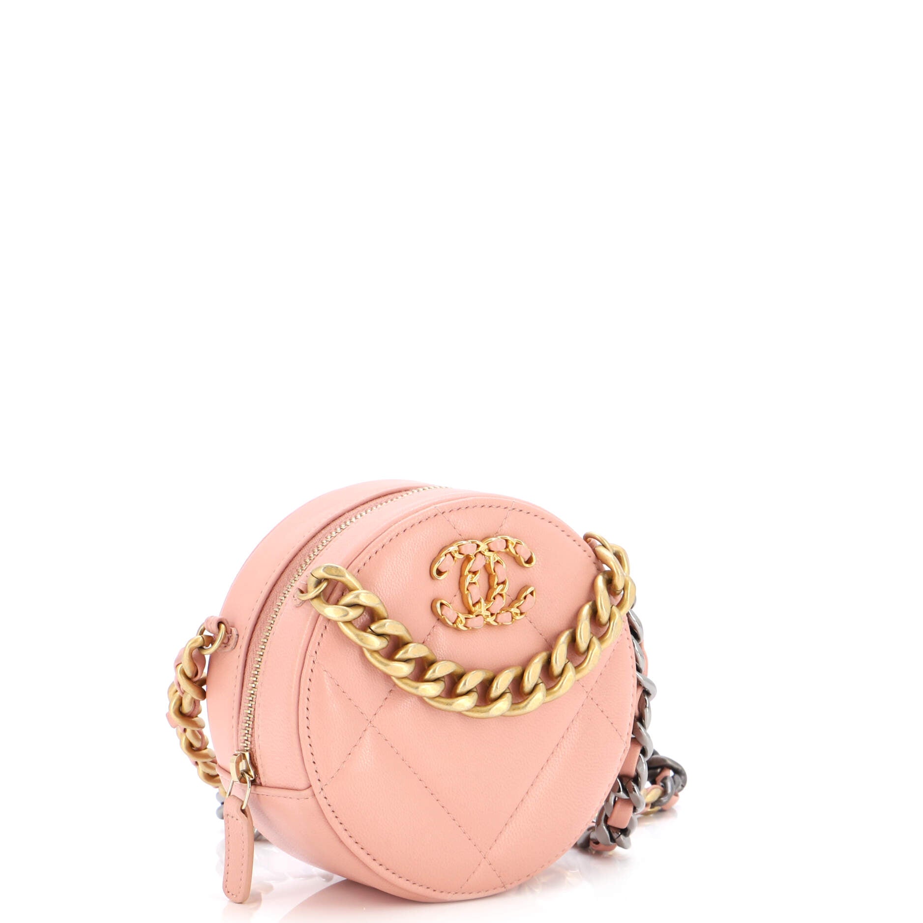 19 Round Clutch with Chain Quilted Leather