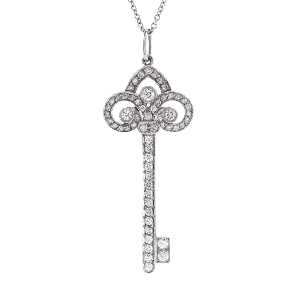 Fleur de Lis Key Pendant Necklace Platinum with Diamonds Large