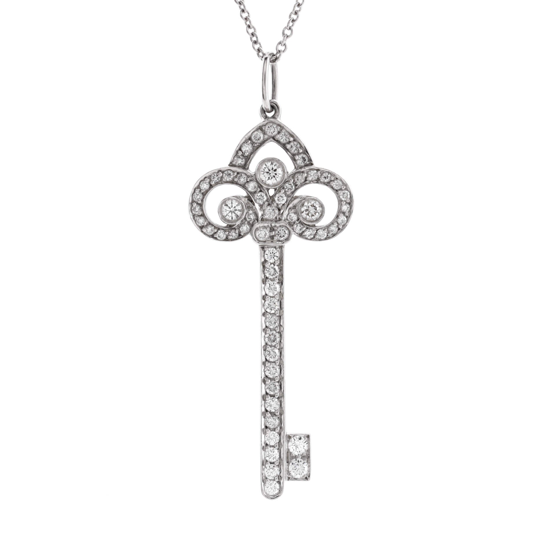 Fleur de Lis Key Pendant Necklace Platinum with Diamonds Large