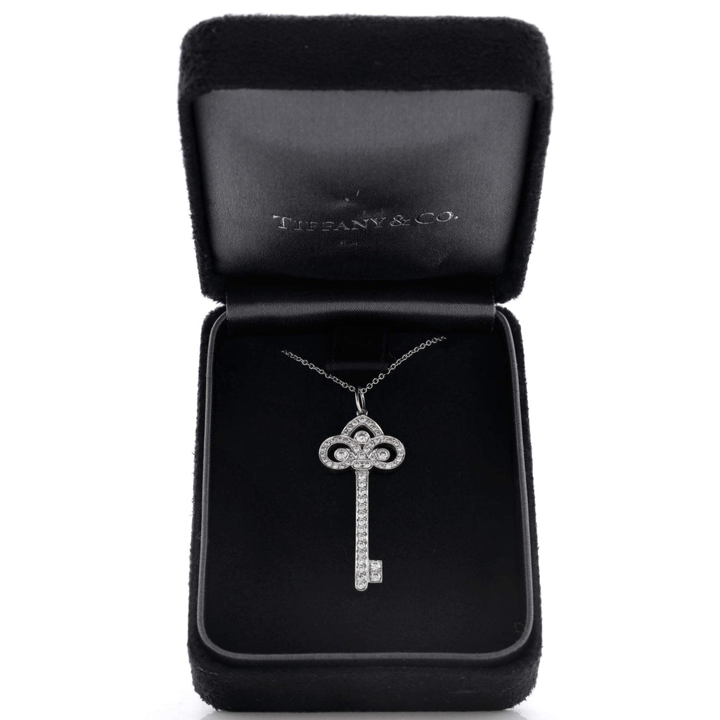 Fleur de Lis Key Pendant Necklace Platinum with Diamonds Large