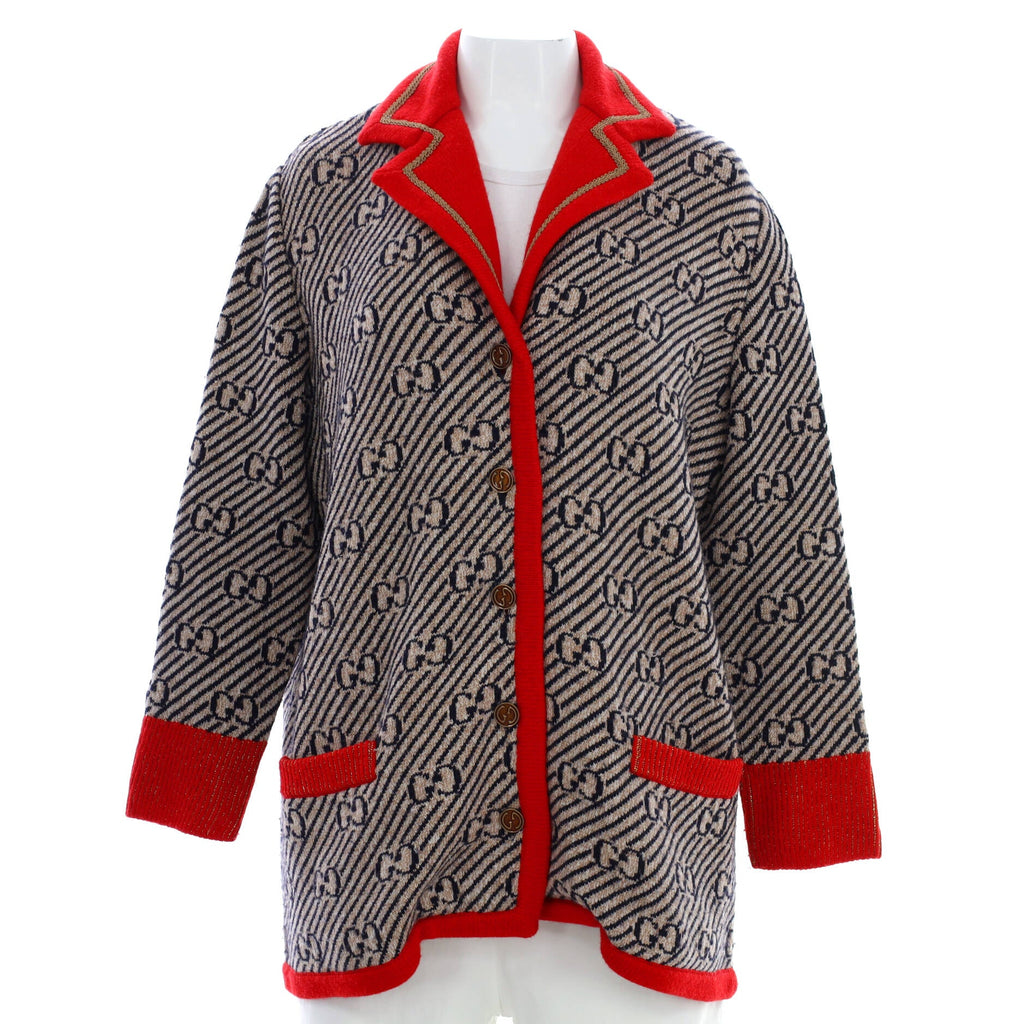 Women's Knit Button Up Collared Jacket GG Wool Blend