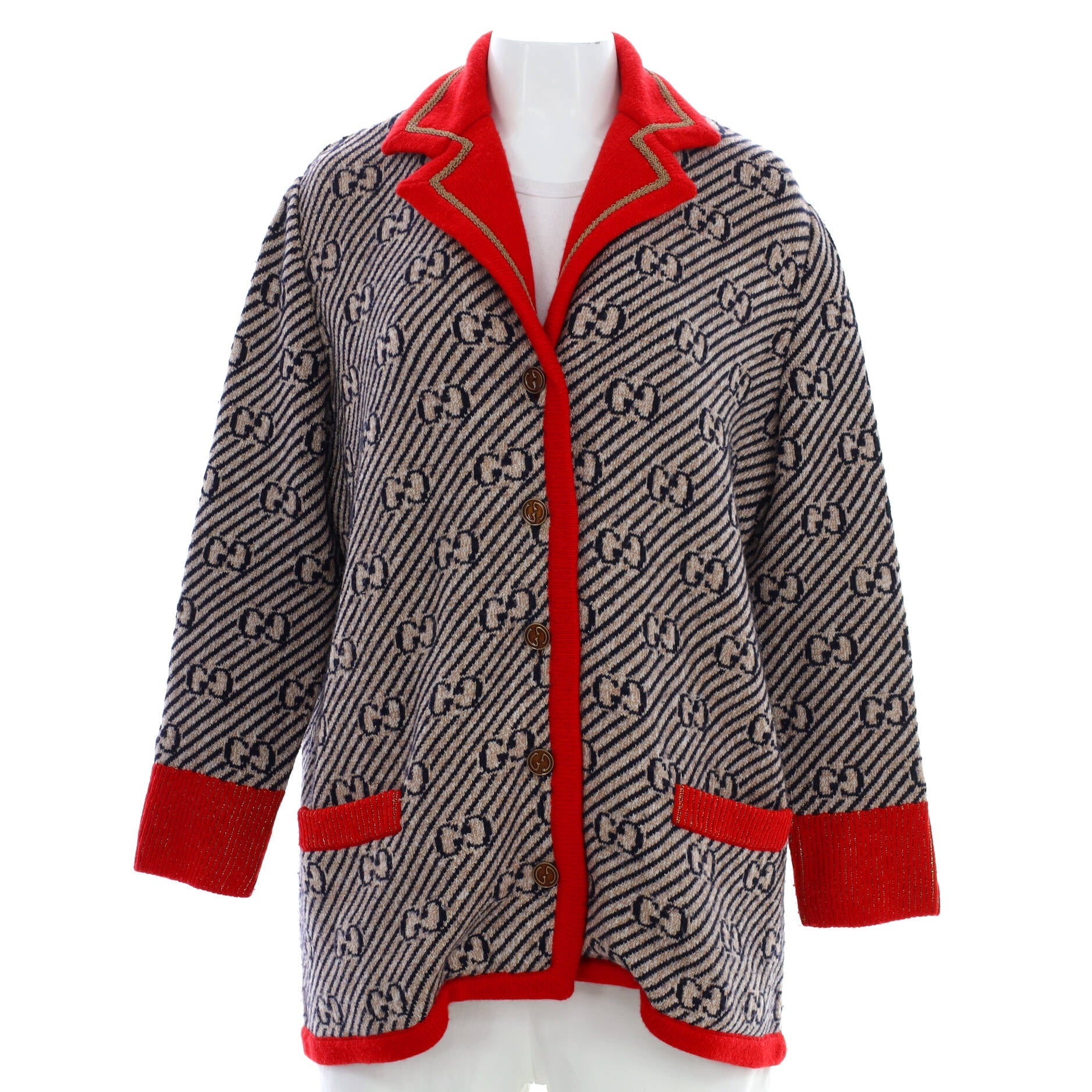 Women's Knit Button Up Collared Jacket GG Wool Blend