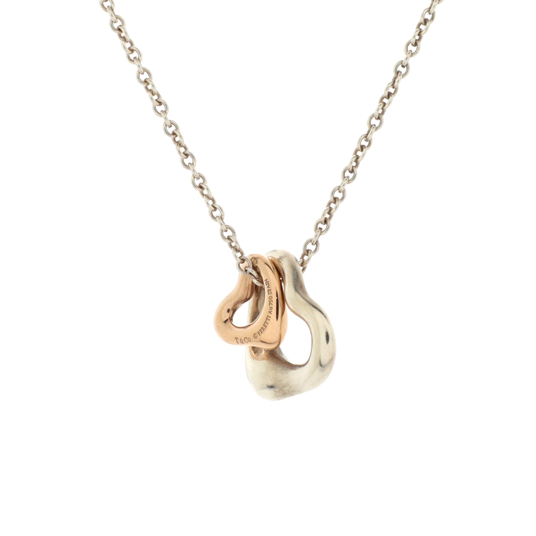 Elsa Peretti Double Open Heart Pendant Necklace Sterling Silver and 18K Rose Gold