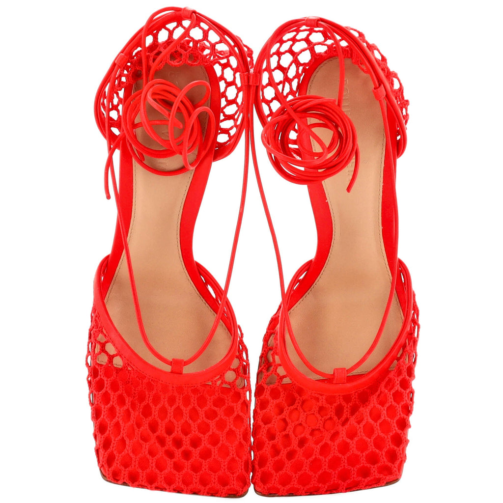Women's Stretch Ankle Tie Heeled Sandals Mesh with Leather