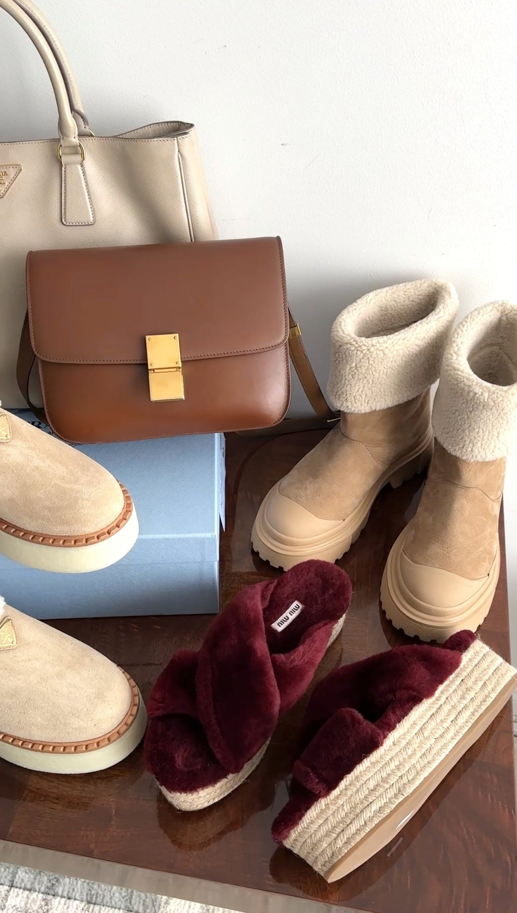 Miu Miu Burgundy Shearling Platform Espadrilles - 39