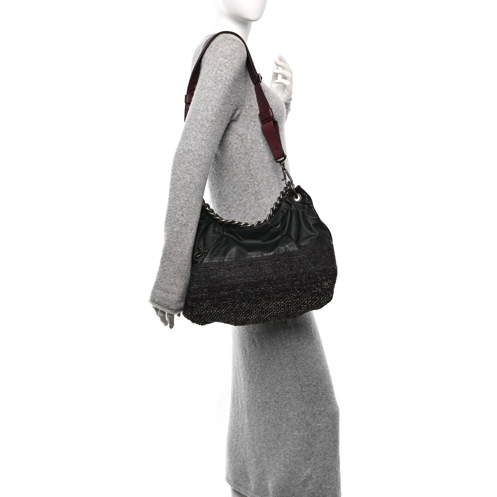 Calfskin Tweed Coco Pleats Hobo Black Burgundy