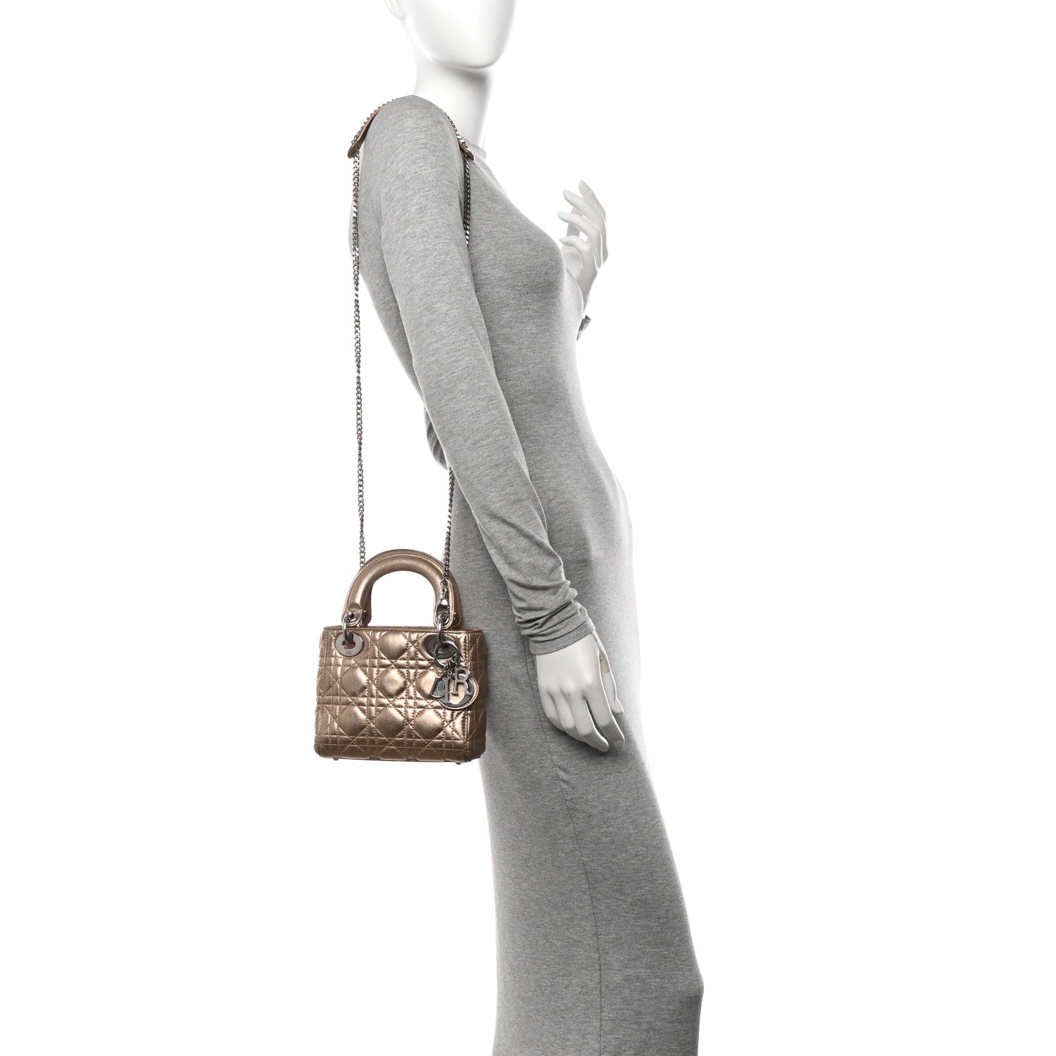 Metallic Lambskin Cannage Mini Lady Dior Gold
