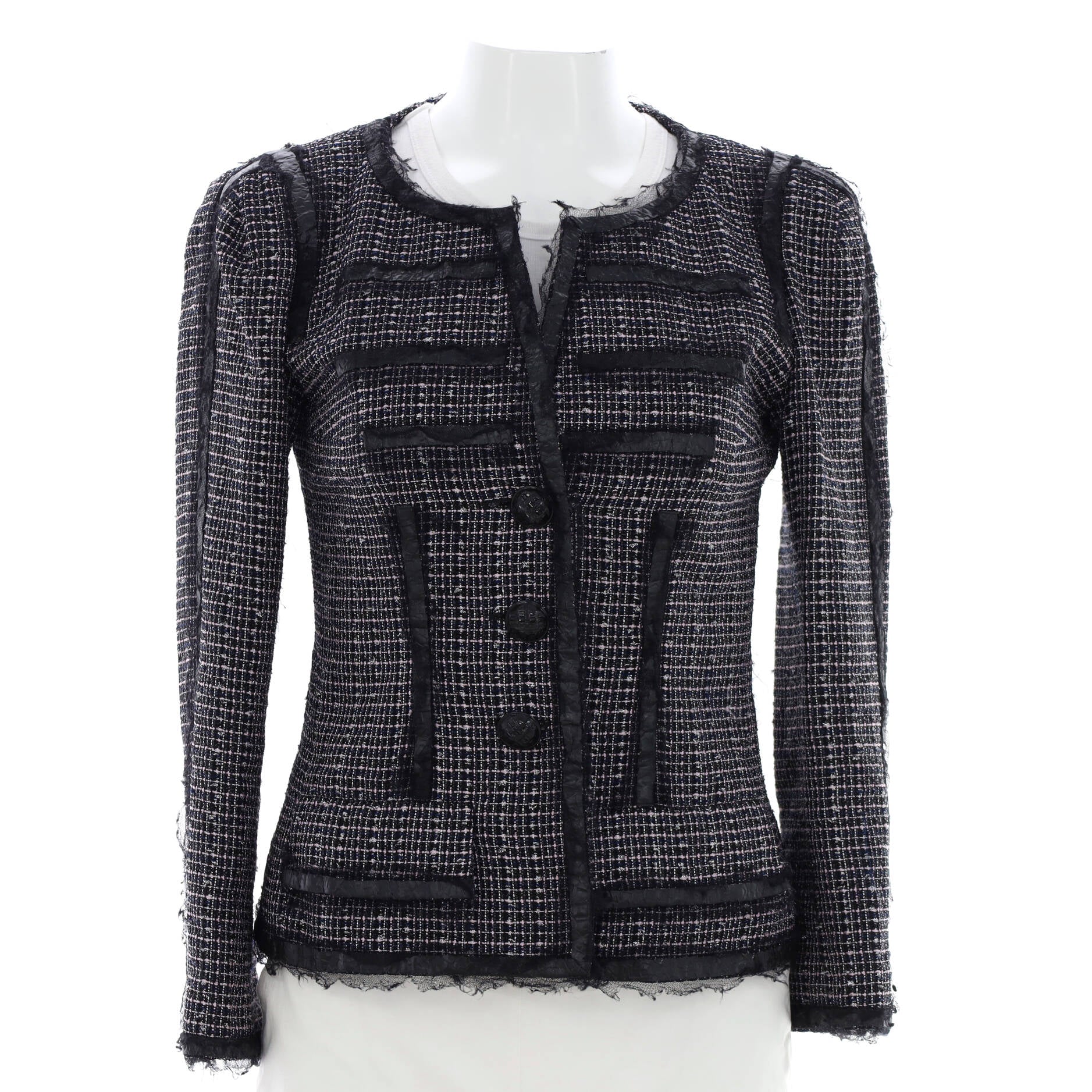 Women's Collarless Button Up Jacket Tweed with Lace and Faux Leather
