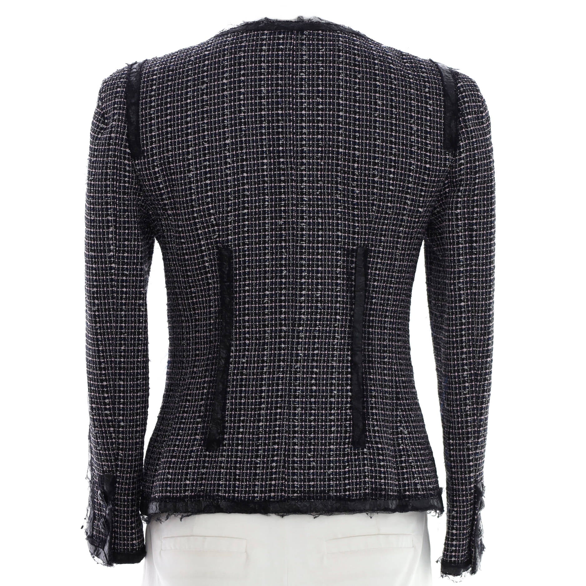 Women's Collarless Button Up Jacket Tweed with Lace and Faux Leather