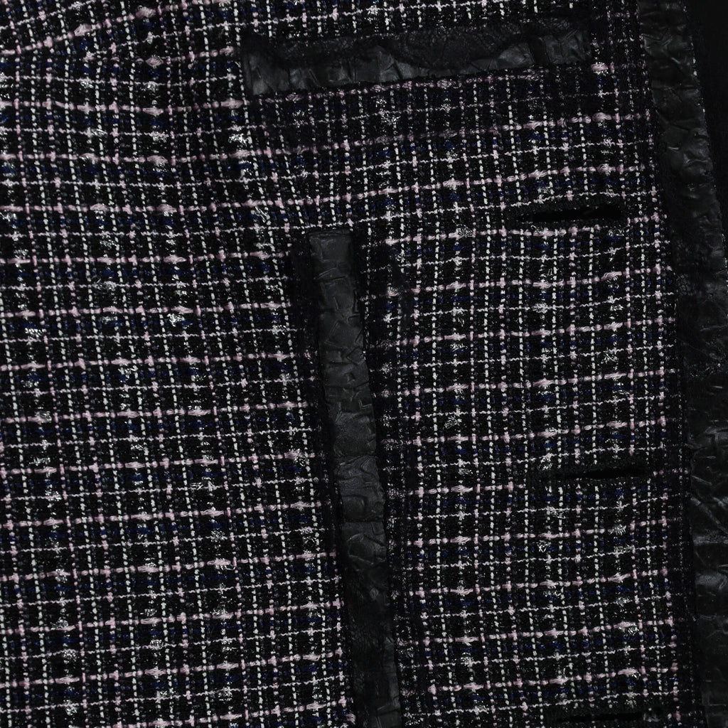 Women's Collarless Button Up Jacket Tweed with Lace and Faux Leather