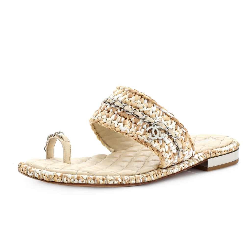 Women's CC Toe Ring Slide Sandals Woven Raffia with Leather