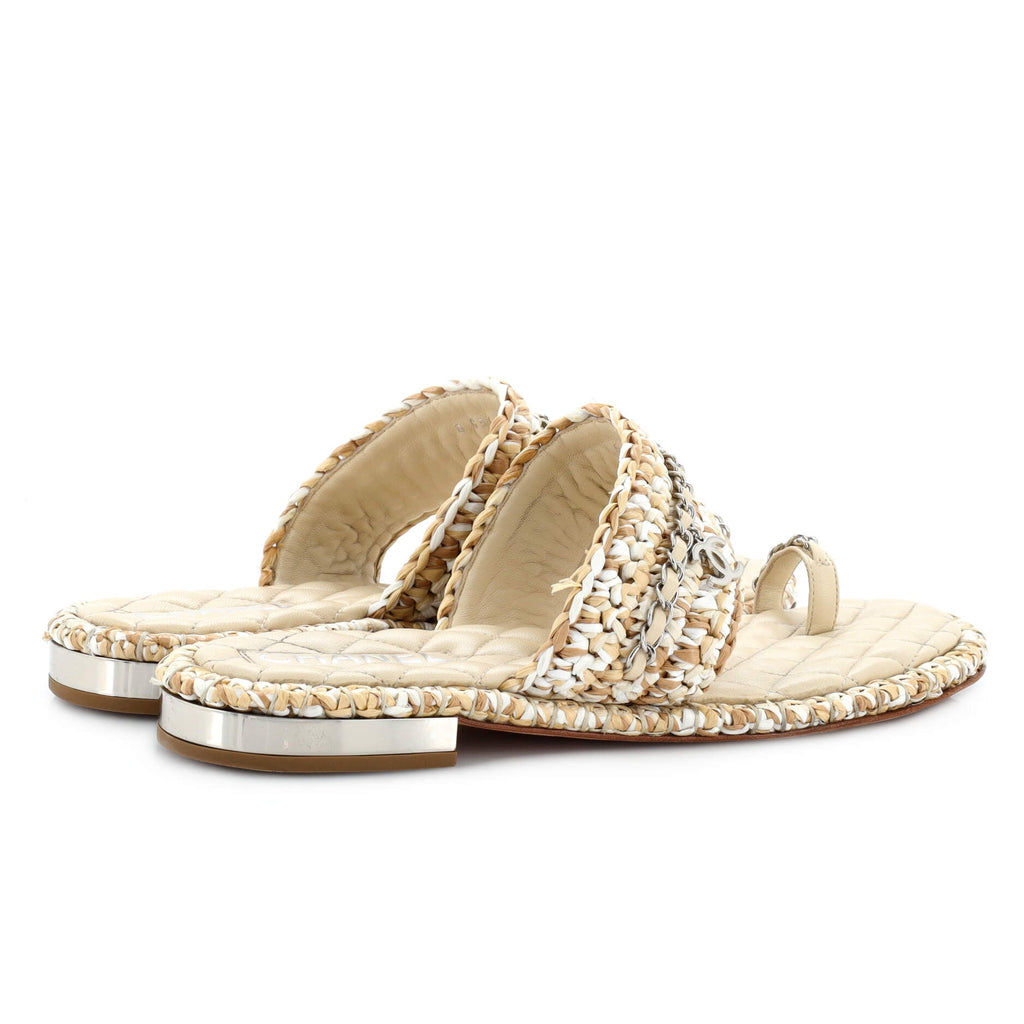 Women's CC Toe Ring Slide Sandals Woven Raffia with Leather