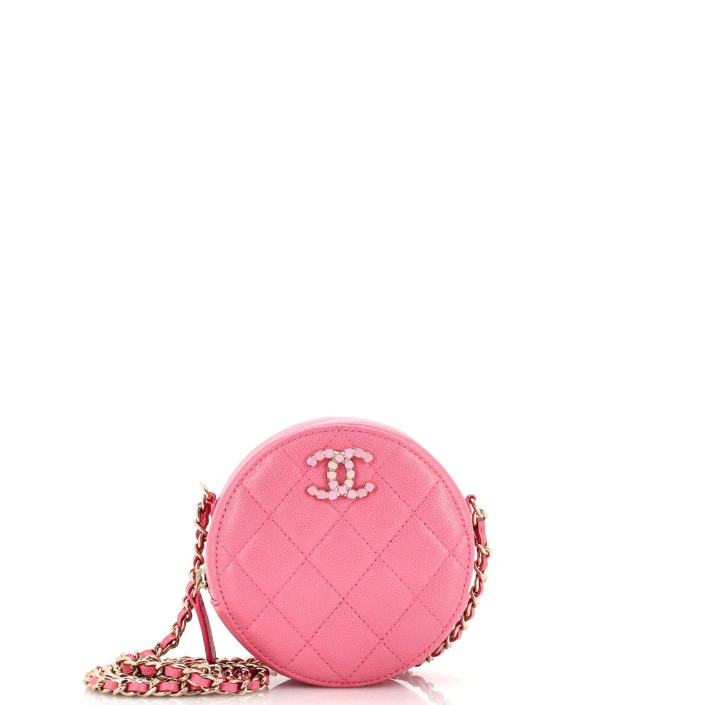Round Clutch with Chain Quilted Caviar with Lacquered Metal