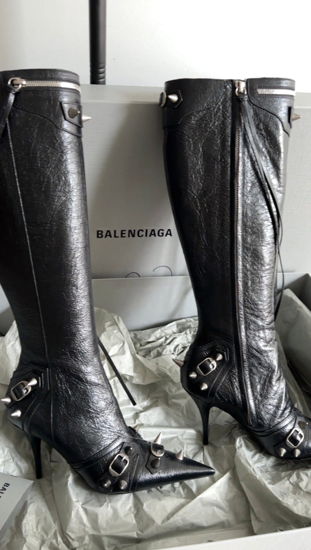 Balenciaga Black Leather Tall Spike Stud Cagole Boots - 38