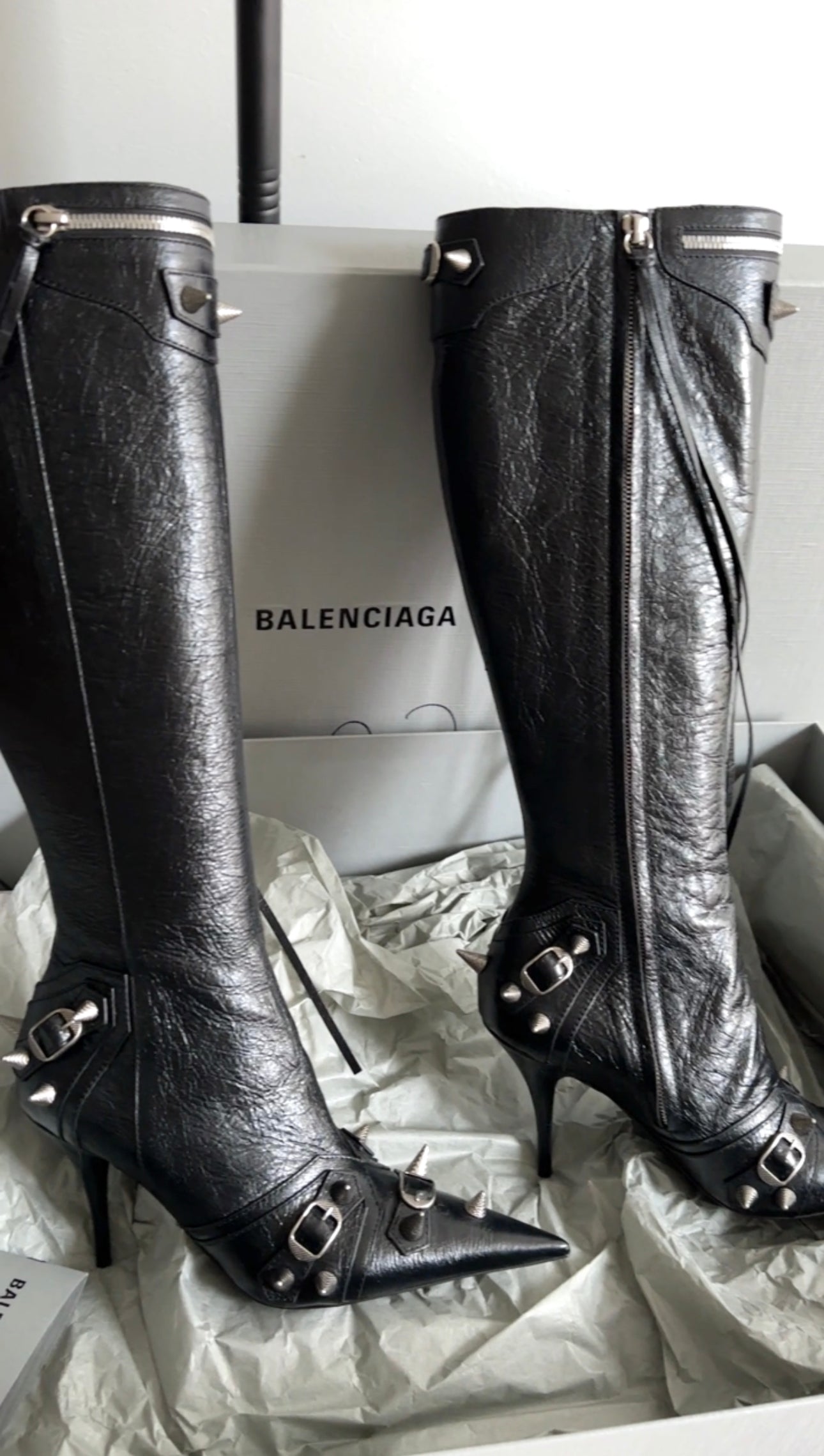 Balenciaga Black Leather Tall Spike Stud Cagole Boots - 38
