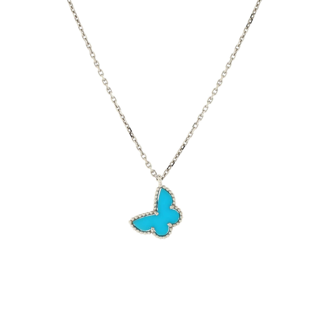 Sweet Alhambra Butterfly Pendant Necklace 18K White Gold with Turquoise