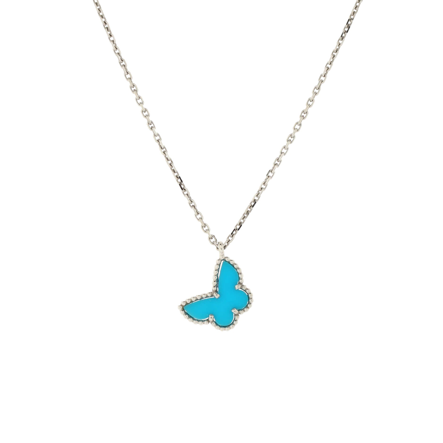 Sweet Alhambra Butterfly Pendant Necklace 18K White Gold with Turquoise