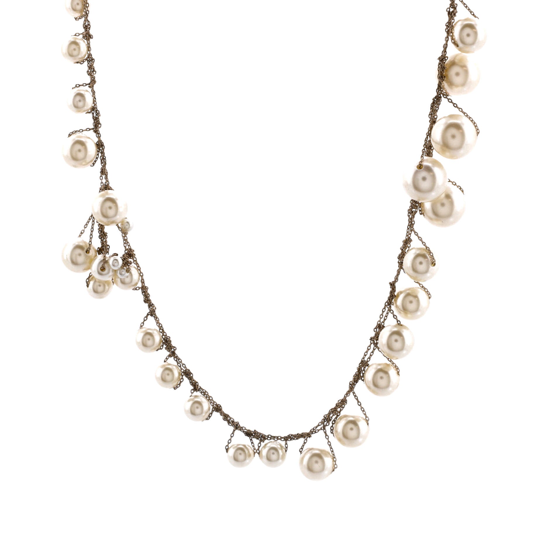 CC Single Strand Long Necklace Metal with Faux Pearls