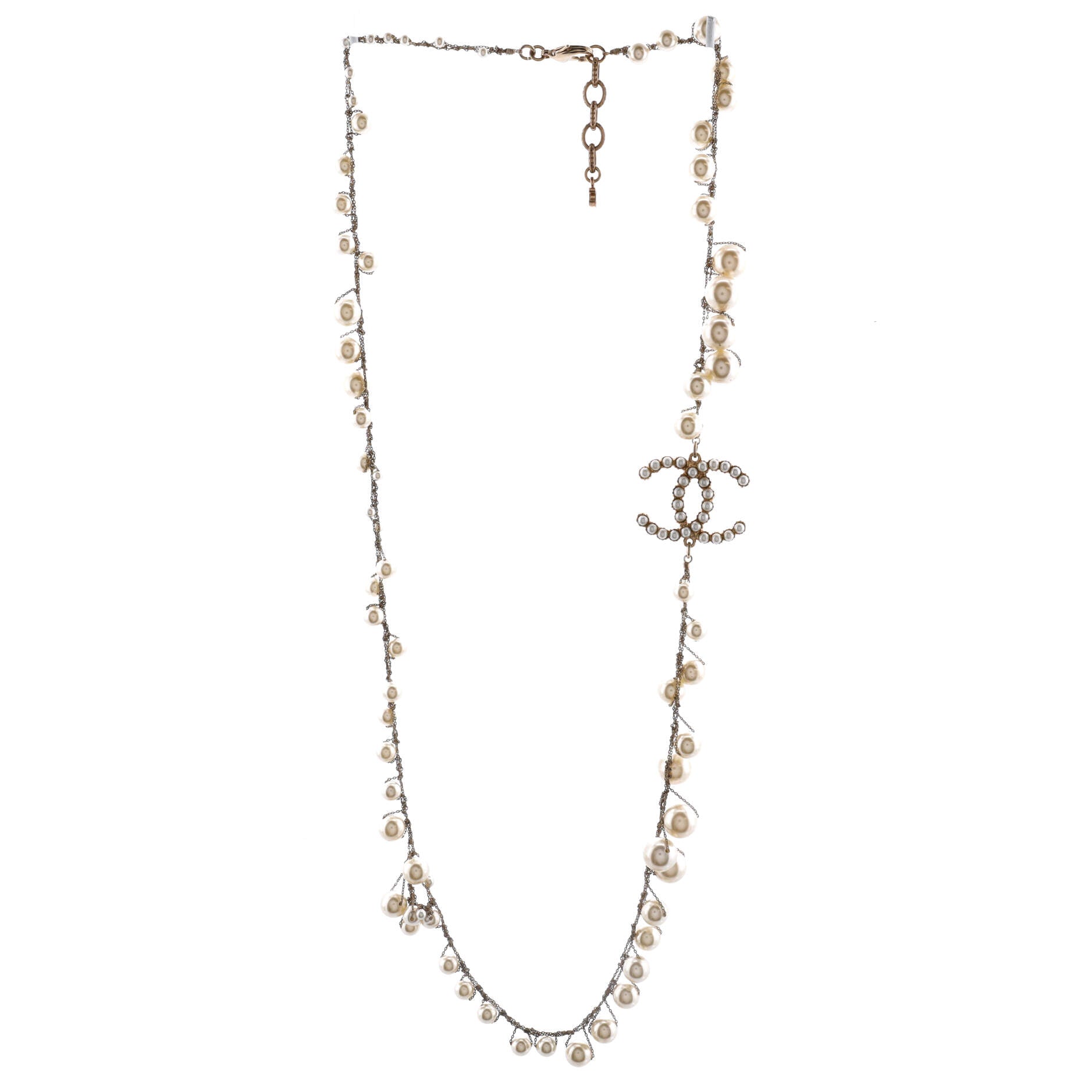 CC Single Strand Long Necklace Metal with Faux Pearls