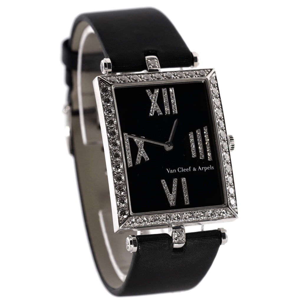 Lady Arpels Classique Rectangular Quartz Watch White Gold and Satin with Diamond Bezel and Markers 27