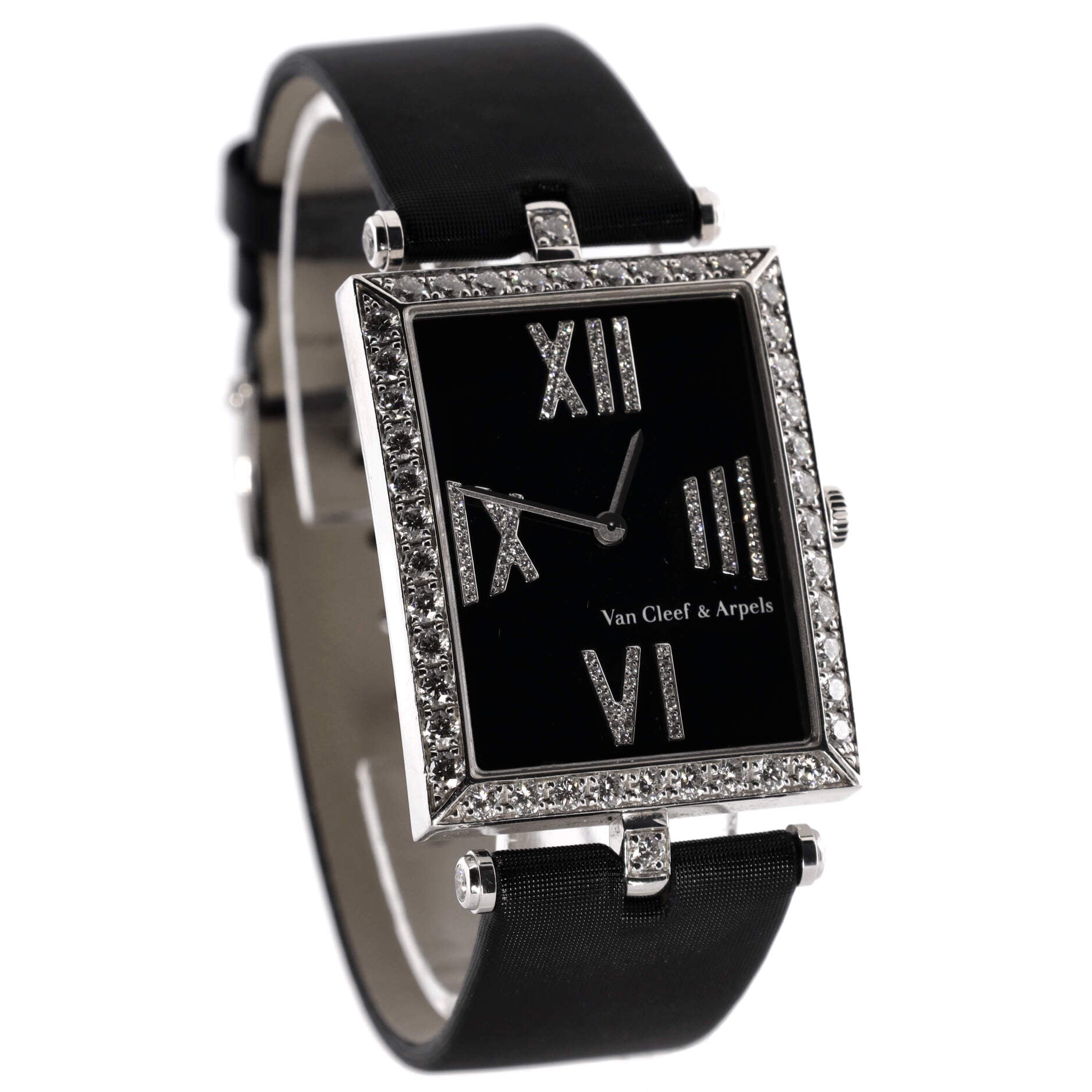 Lady Arpels Classique Rectangular Quartz Watch White Gold and Satin with Diamond Bezel and Markers 27